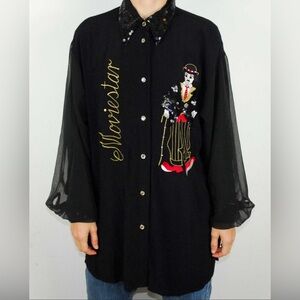 Vintage Moviestar Charlie Chaplin Embroidered Button Shirt Size 40 /Large Black